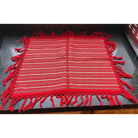 Vtg Handmade Romanian Handwoven Fabric Hand Knotted Red Fringe Gold Thread Classic Romanian Textile Pattern Cotton 20" x 19"