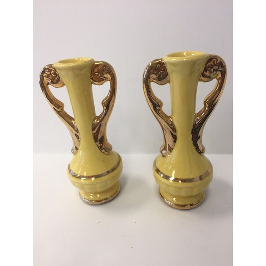 Vintage 1940's Chic Pottery Zanesville Ohio Two Spill Vase Bud Vase Urn Yellow Gold Handles 6' x 3"