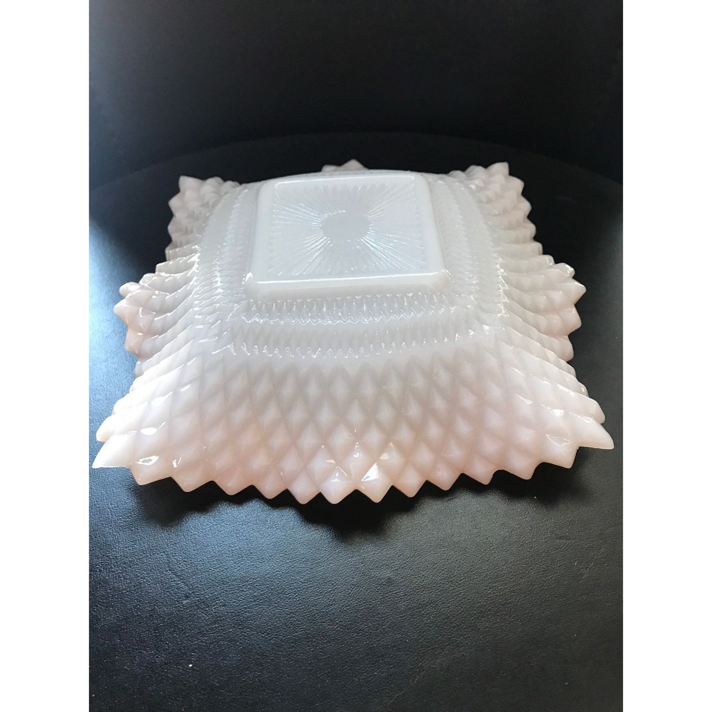 Vintage Milk Glass Hobnail Diamond Shape Candy Trinket Dish Pearl Essence White & Orange