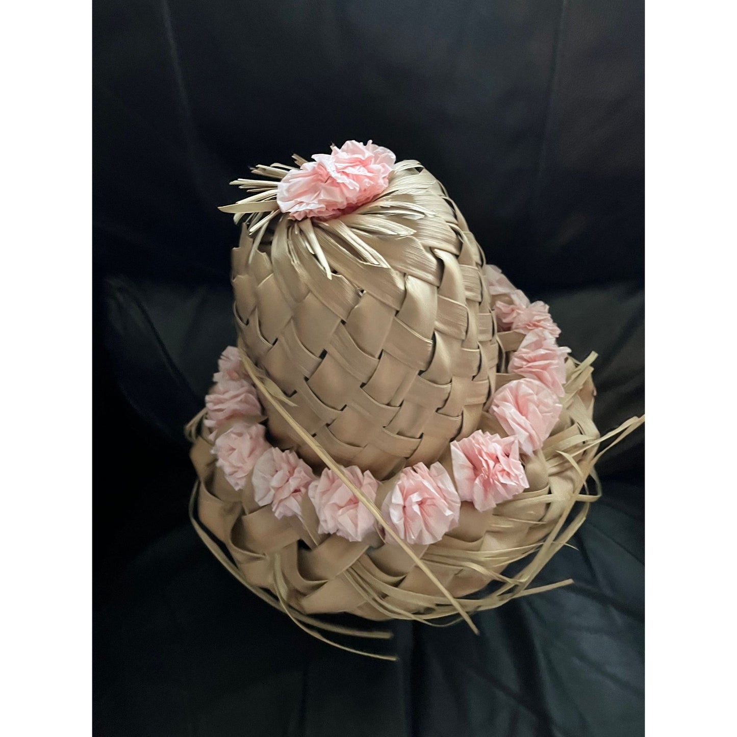 Vtg 1967 Hat Women’s Pink Hawaiian Handmade Palm Frond Woven 7″ x 10 1/2″ Handwoven Made In Hawaii