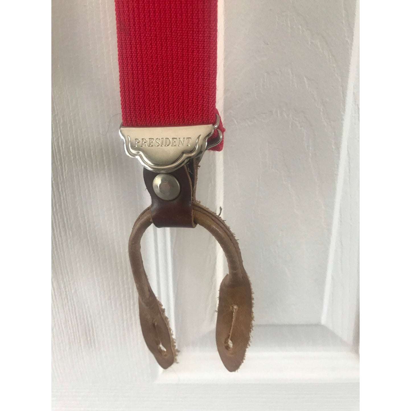 Vintage Very Rare President Co. POLICE Red Button On Suspenders Leather Elastic 1940's