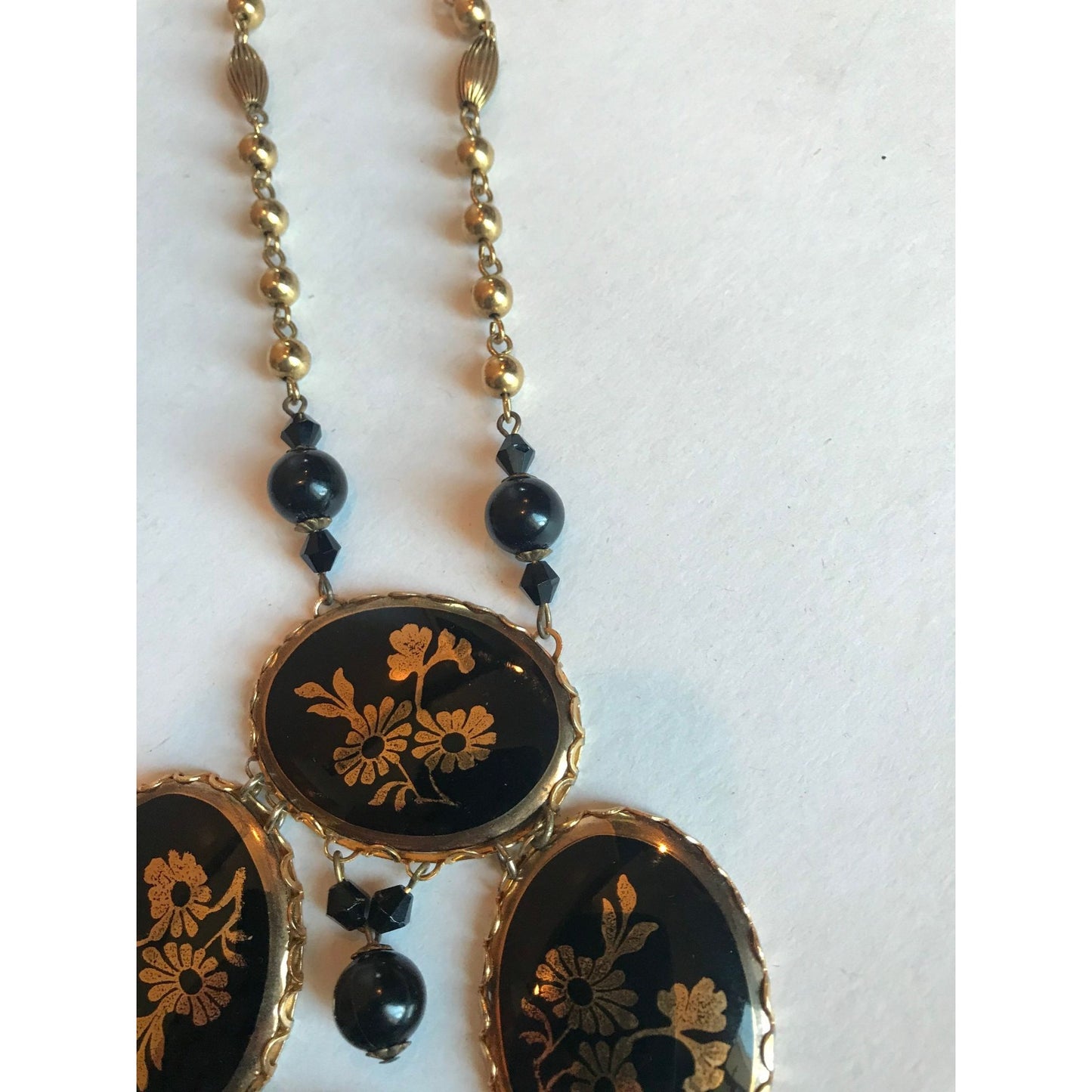 Art Deco Four Black Gold Tone Enamel Cabochons Floral Etched Elaborate Necklace Black Beads