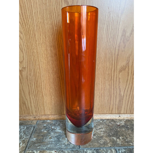 Vtg Orange & Clear Murano Glass Large Vase 1966 Round Heavy Venetian Glass Venezia Venice Italy Clear Base 15 1/2"