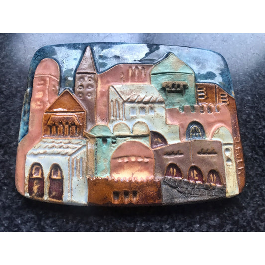 Vtg Handmade glazed ceramic Ruth Factor (Faktorowicz) ceramic tile "The City Of Jerusalem"