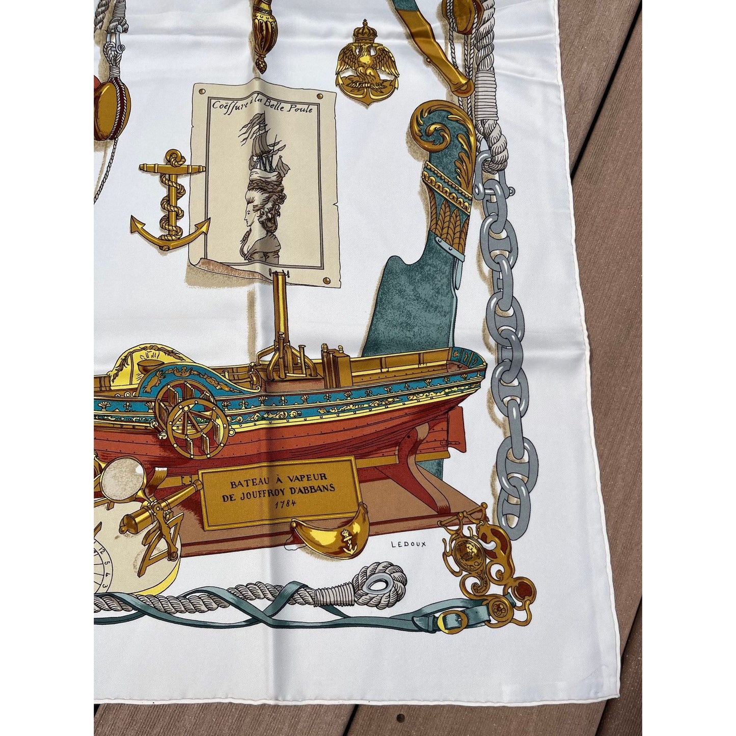 Vintage 1986 Hermes Paris Scarf, Musee Bateau a Vapeur de JOUFFROY D'ABBANS 1764, Signed LEDOUX