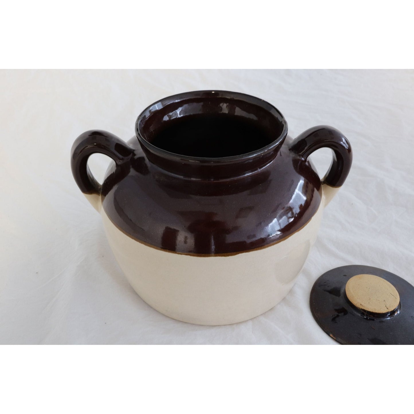 Vintage Large Ceramic Double Handle Brown Beige Crock Glazed Stoneware Jug With Ceramic Lid