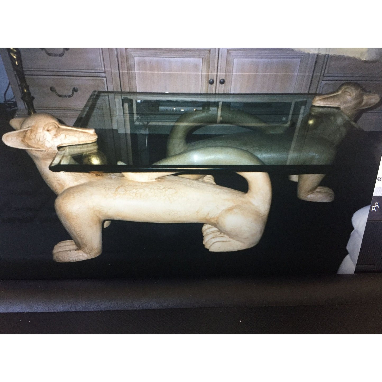 Vintage Mid Century Glass Cocktail Table Greyhound Egyptian Dogs With Gold Ball Mexico Local Pick Up Available