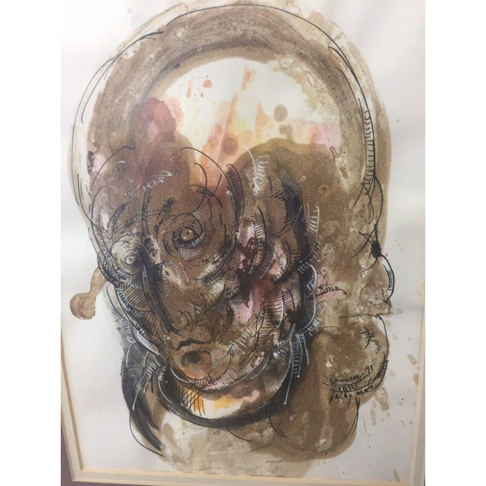 Abraham Ramirez Painting "A Face", Watercolor And Ink On Paper, Signed '71 Mexico