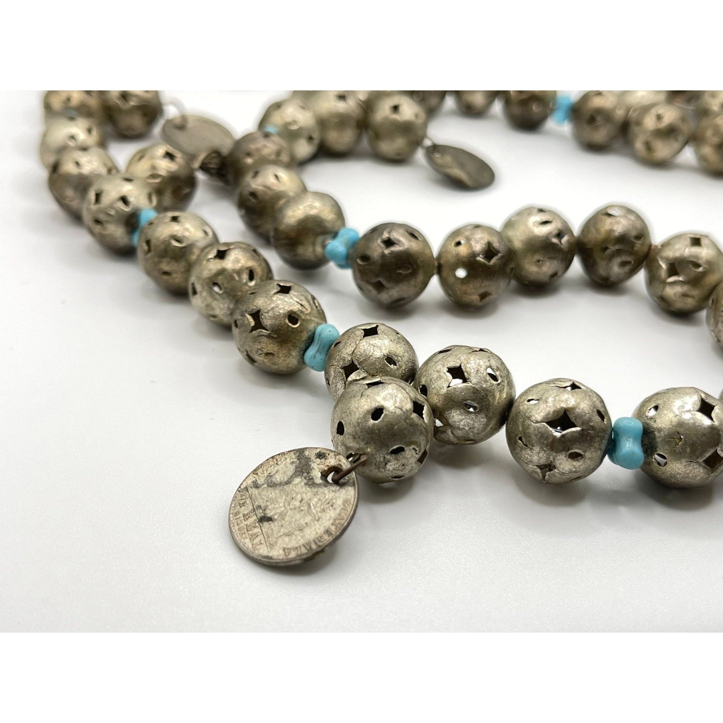 Vtg Colonial Chachal Pierced Silver Beads Coins Necklace Blue Glass Beads Made In Guatemala Ethnic Jewelry