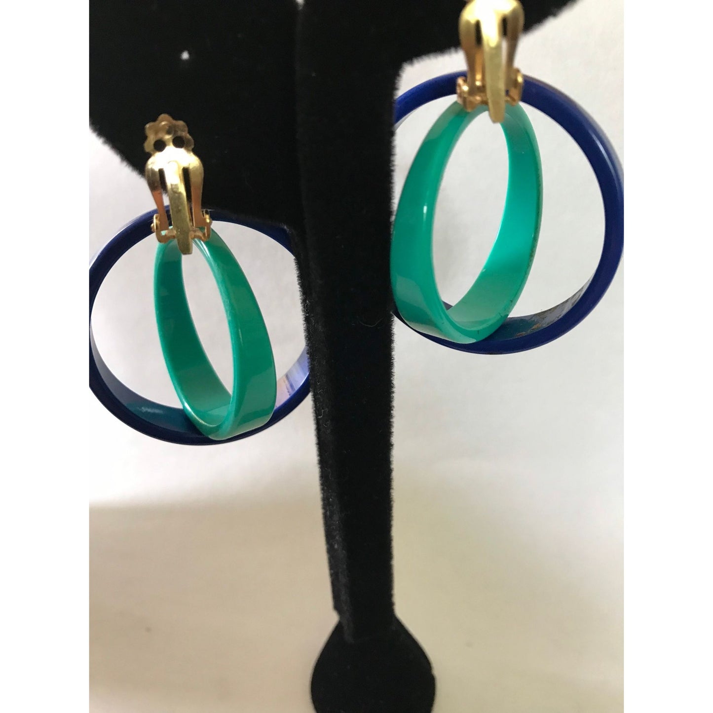 Vtg 1960's Mod Dangle Drop 2 Concentric Circles Clip On Earrings Deep Blue Turquoise Geometric