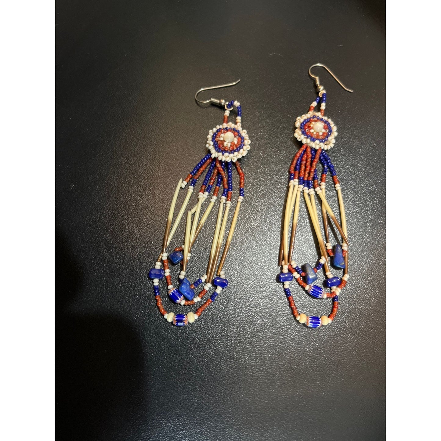 Vtg 1970's Dangle Earrings Circle Made Of Trade Beads & Porcupine Quills Pan Tribal Wire Pierced Handmade