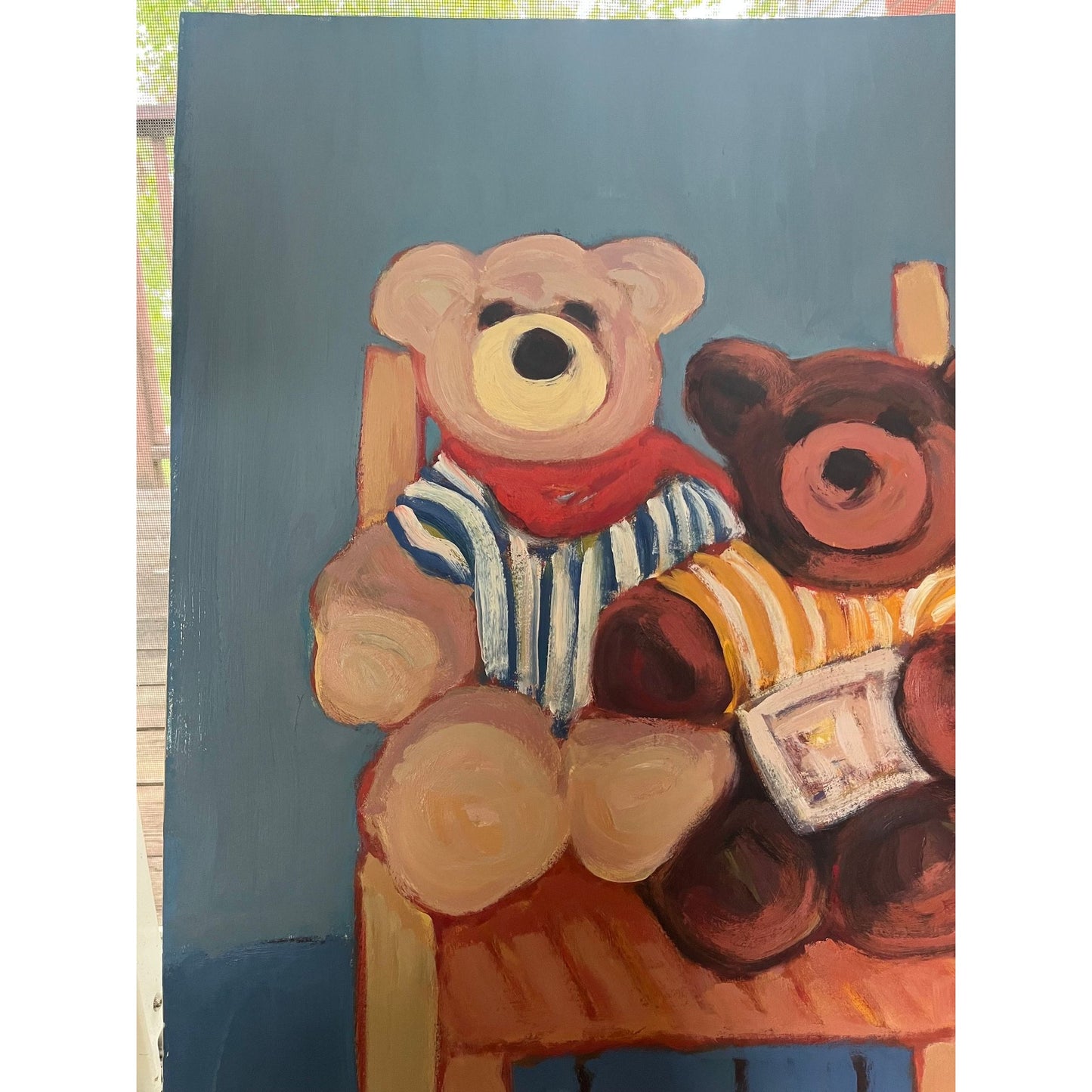 1986 Johanna Haas Oil Painting, "Two Teddy Bears Share A Chair", Signed Fine Art 28 1/2" x 21" One Of A Kind Blue Background