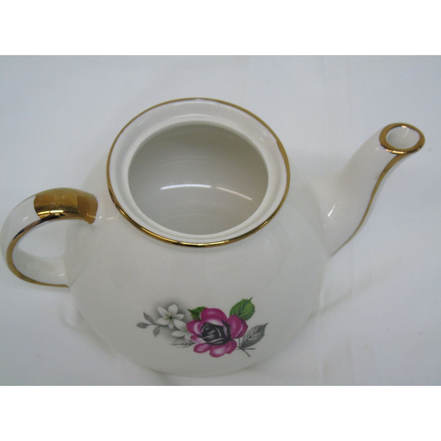 Vintage Gibsons Teapot Staffordshire England White with Gold Trim Pink & Black Roses White Flowers