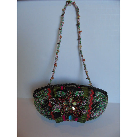 Pritzi Purse Bag Multi Colored Flower Hand Beaded Cloth Ruffled Blue Oval Stone NWOT