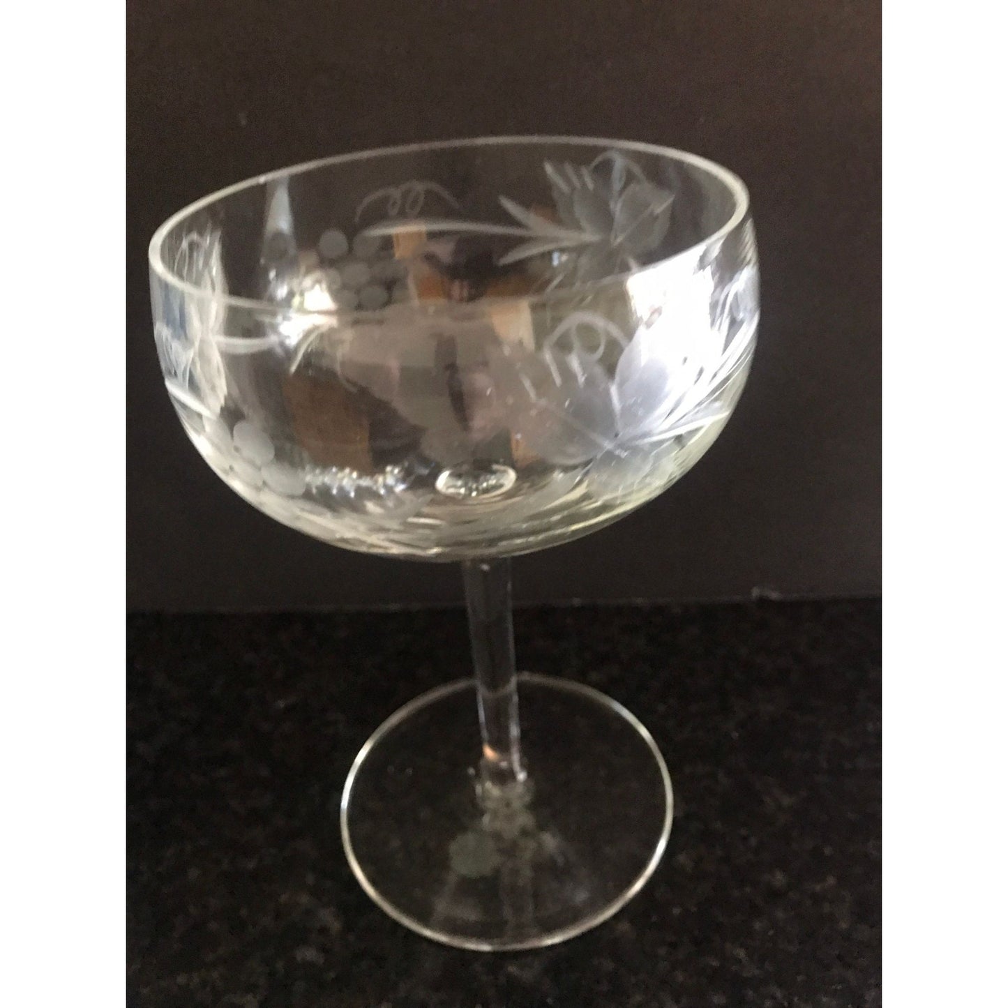 Vtg 1960's Total Of 5 Available Etched Clear Crystal Champagne Stems Made in Romania Grape & Leaves Motif