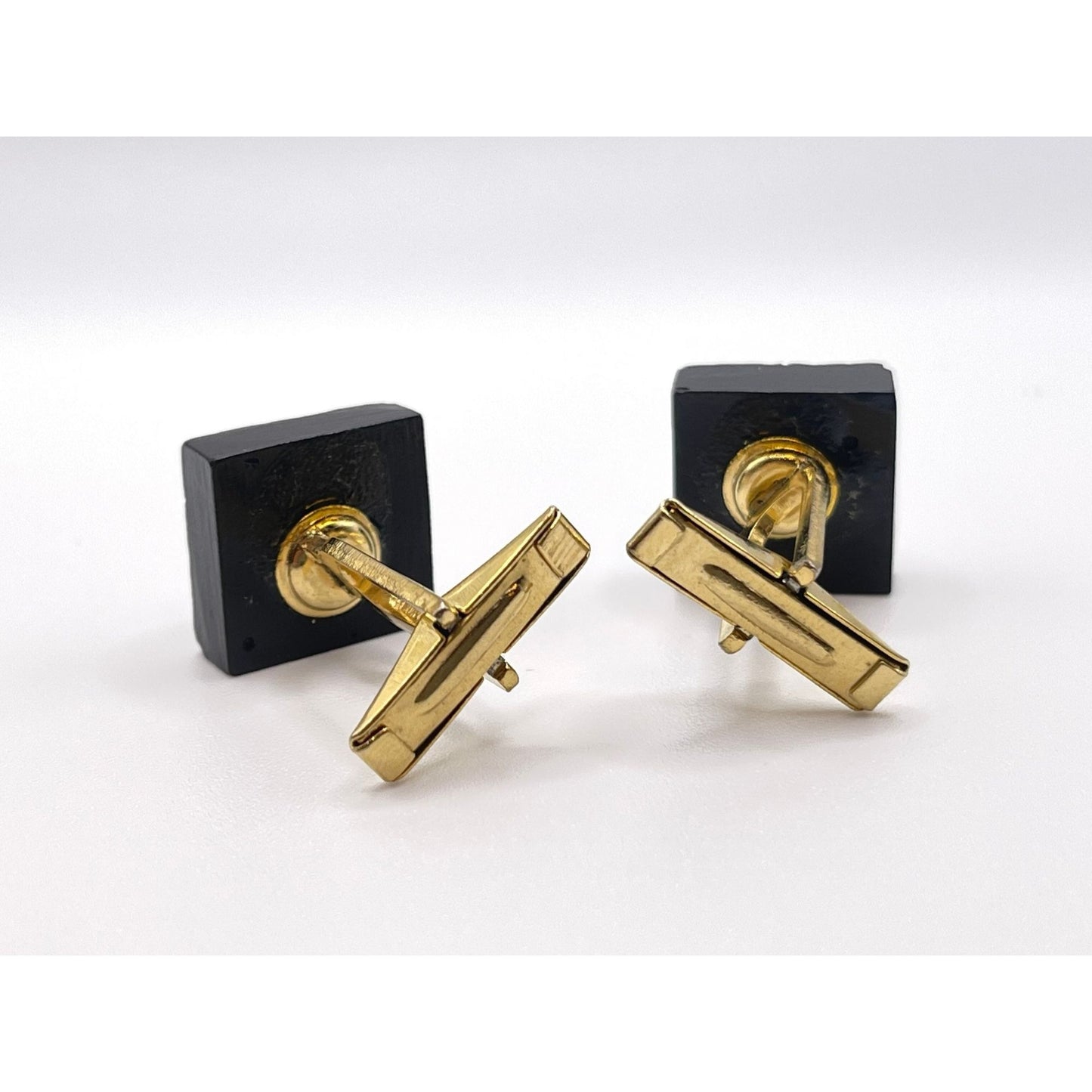 Vintage Small Square Black Textured Cufflinks Background Gold Tone