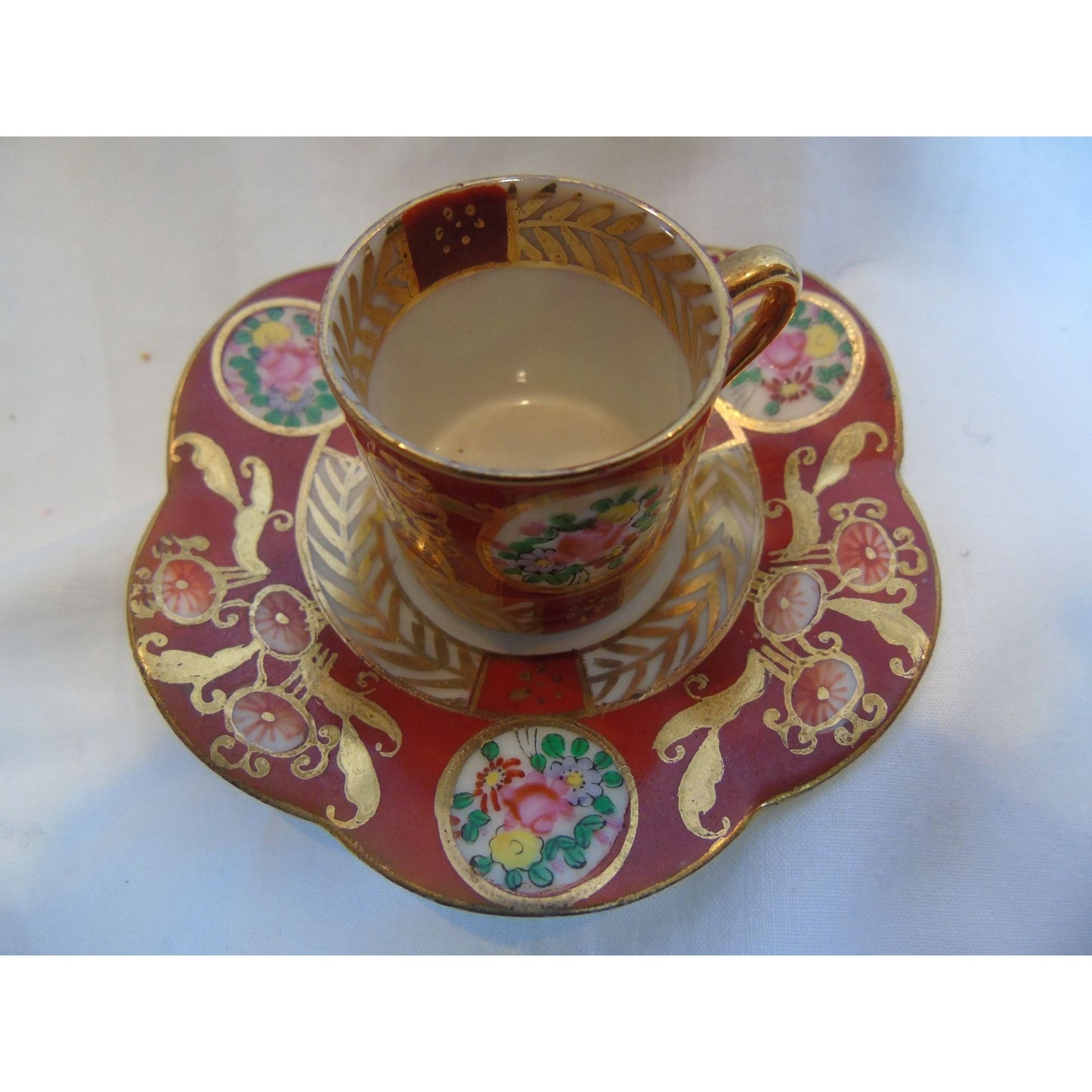 Vintage 1040's Hokutosha Mini Tea Cup & Saucer Orange Gold Floral Pattern Made in Occupied Japan