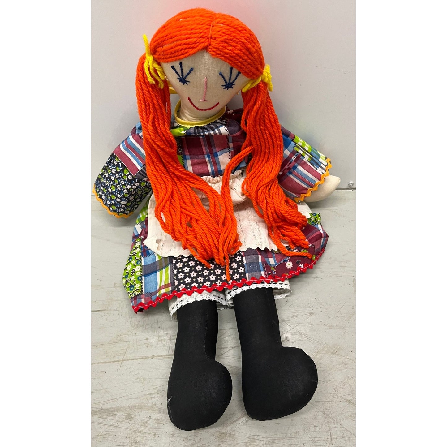 Vtg Handmade 22" Cloth Doll Long Red Hair In Pig Tales Calico Dress White Bloomers Embroidered Face One Of A Kind