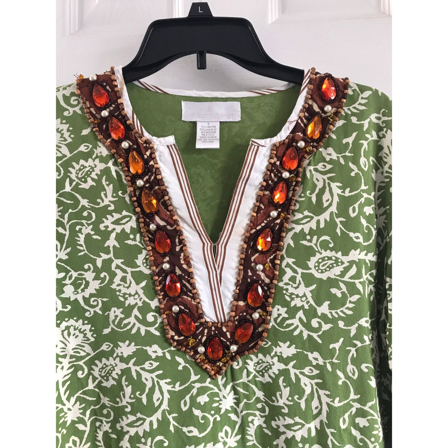 Vtg Soft Surroundings Maxi Dress Kaftan Green White Abstract Pattern Embellished With Beads Faux Pearls Orange Stones S