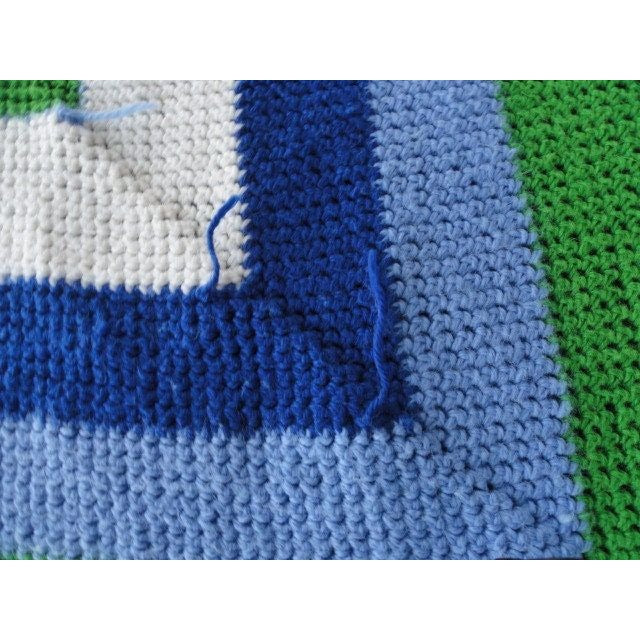 Vtg Very Large Handmade Crocheted Bedspread Afghan Blues Green White Square Pattern 116" x 102"