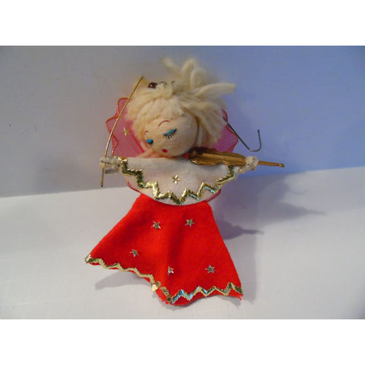 Vtg 1960's Red Gold Christmas Angel Playing The Violin With Halo Paper Label Made In Japan Ornament