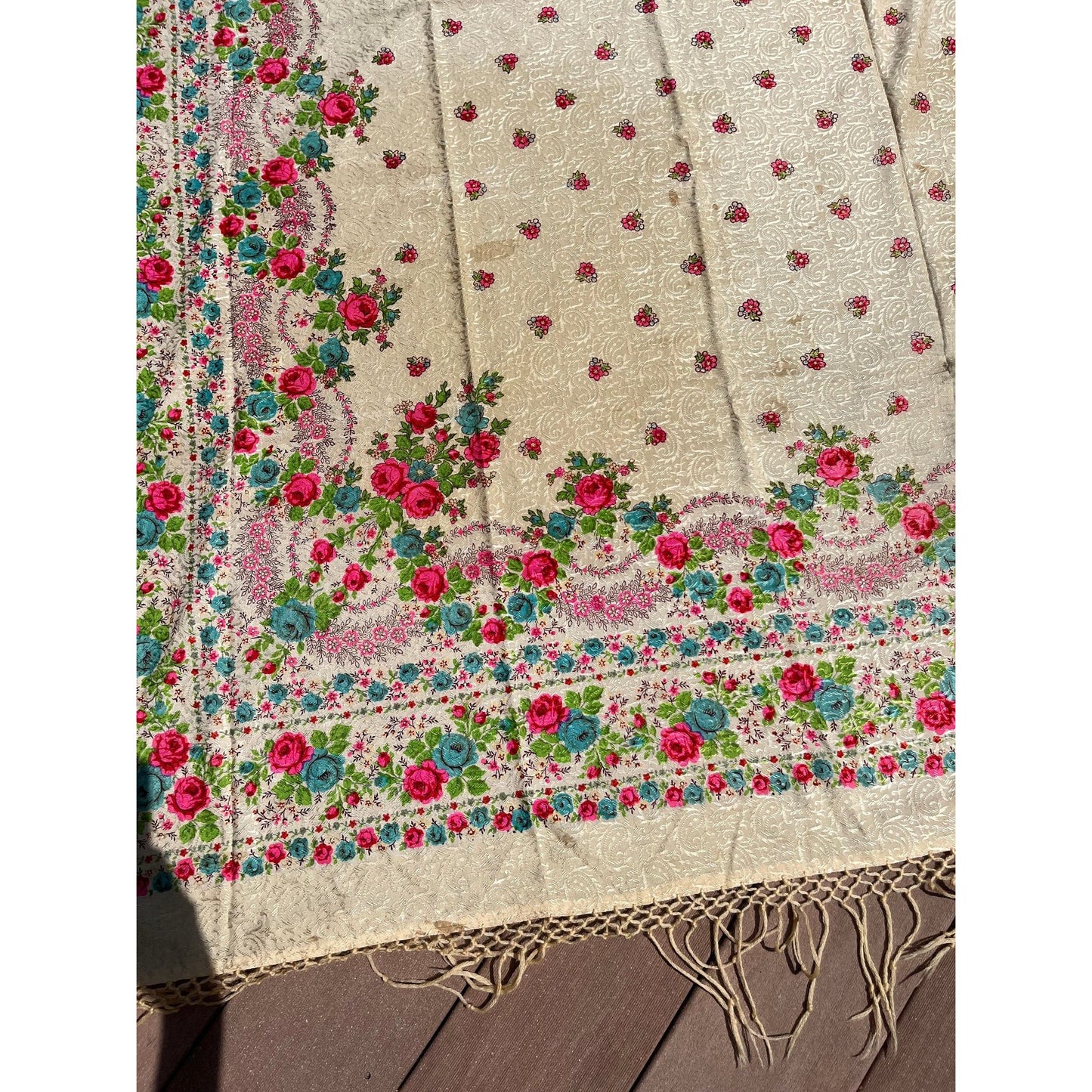 Antique 1909 Romanian Textile Art Wool Floral Shawl Hand Tied Fringe Floral Pattern Ivory Pinks Blues 128" x 43"