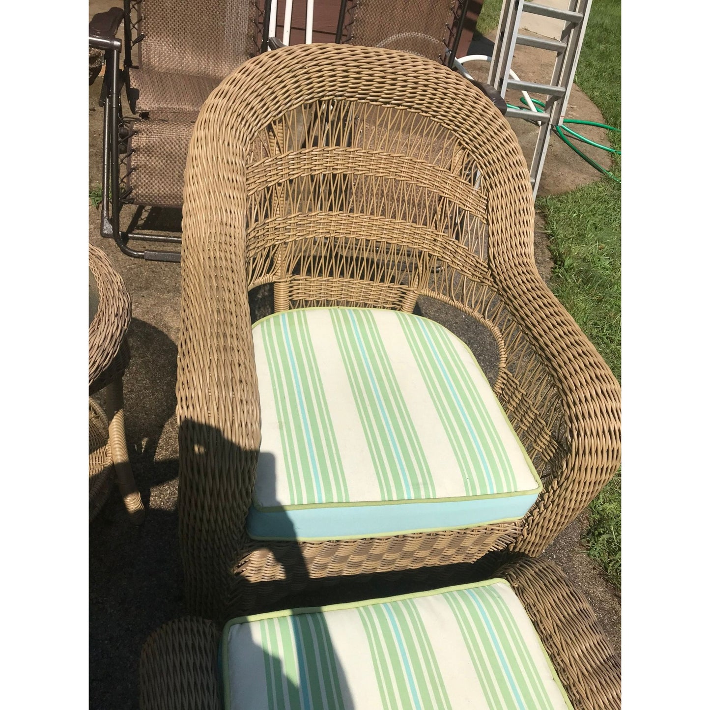 Vintage 5 Piece Rattan Patio Set With Cushions By Grand Basket Company 2 Arm Chairs 2 Ottomans 1 Table & Cushions