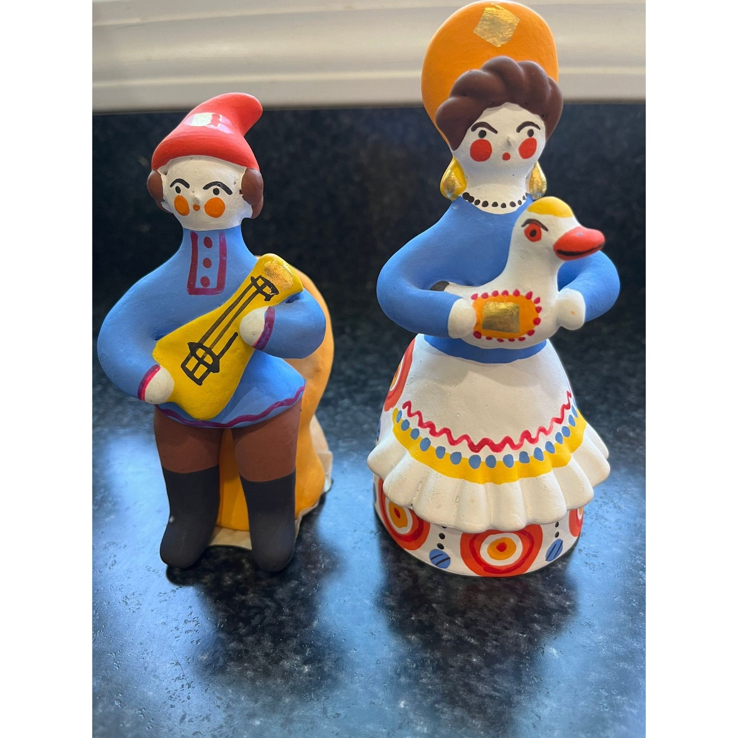 Vintage 1979 Pair of Russian Folk Dymkovo Clay Folk Art Dolls Male Playing Balalaika Female Holding A Duck Original Labels