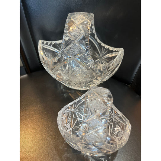 Vtg Set Of 2 1960's Czech Basket Clear Cut Glass Lead Crystal Star Pattern Tremendous Detail 7" &  4" Fruit Basket