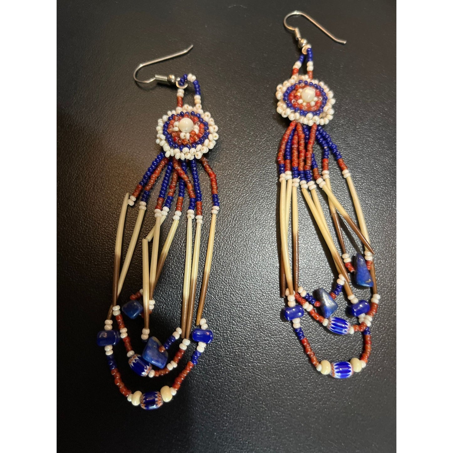 Vtg 1970's Dangle Earrings Circle Made Of Trade Beads & Porcupine Quills Pan Tribal Wire Pierced Handmade