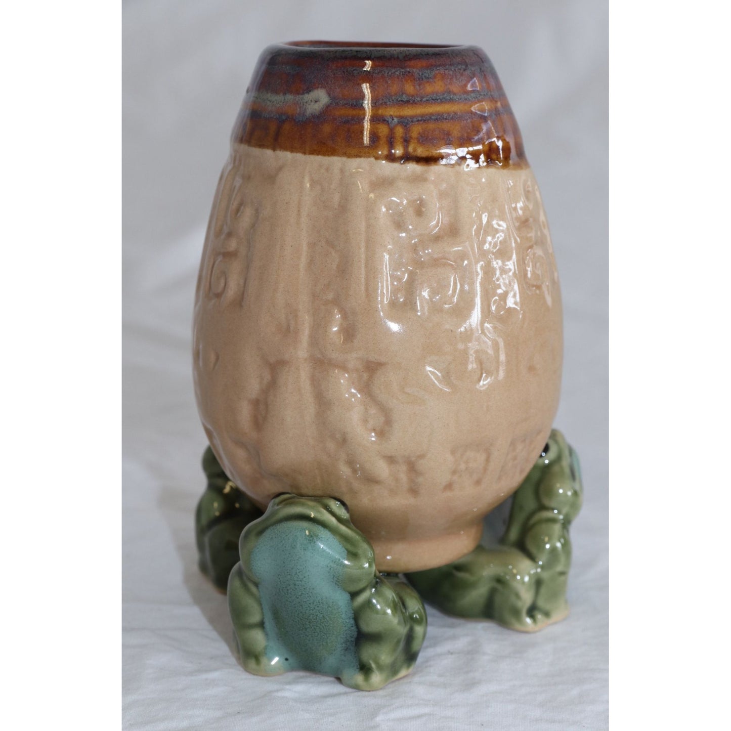 Vintage 3 Frog Aztec Pattern Ceramic Vase Beige & Brown Fine Pottery Art