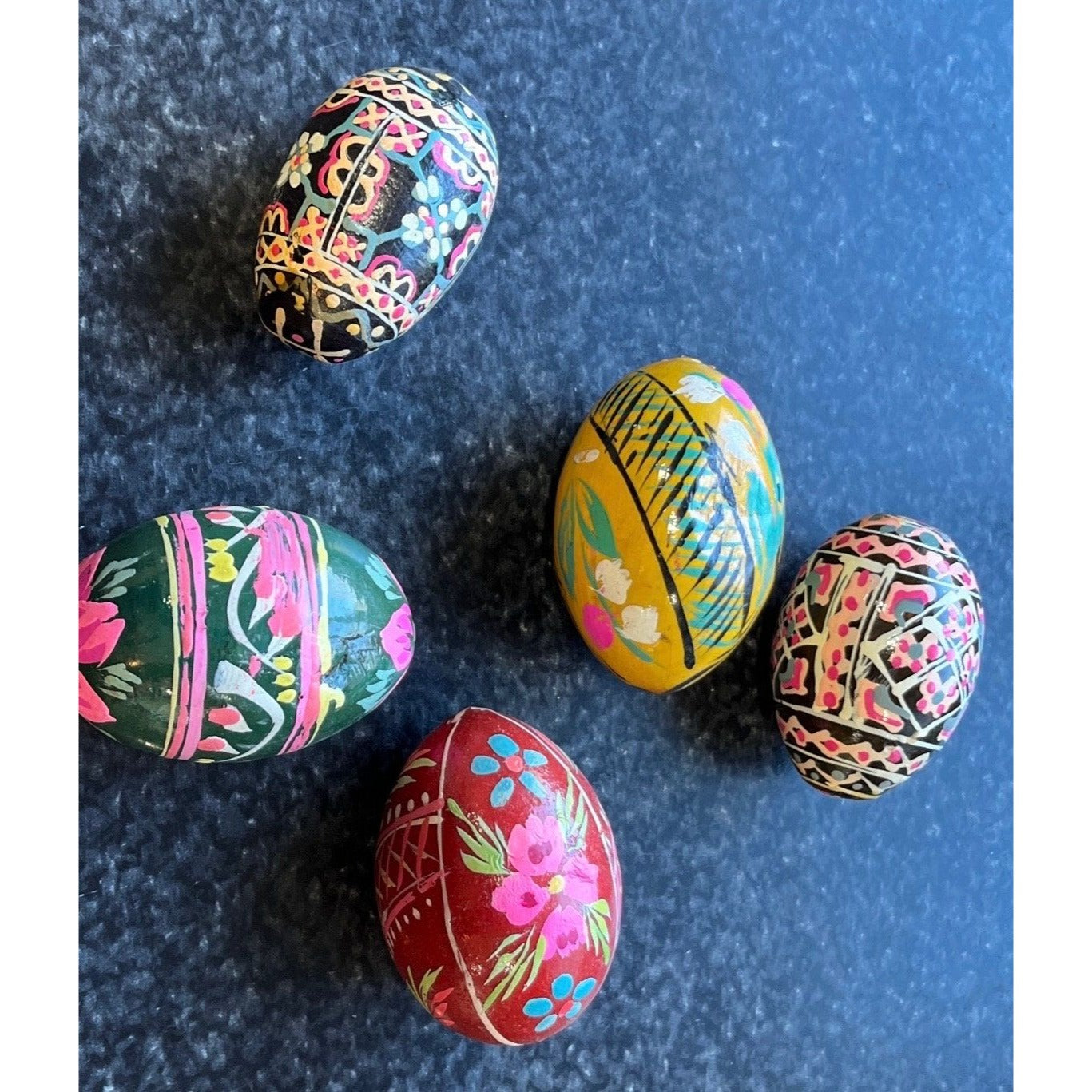 Vtg 1960's Handmade Hand Painted Wooden Eggs Set 5 Easter Gift Ukrainian Traditional Pysanky