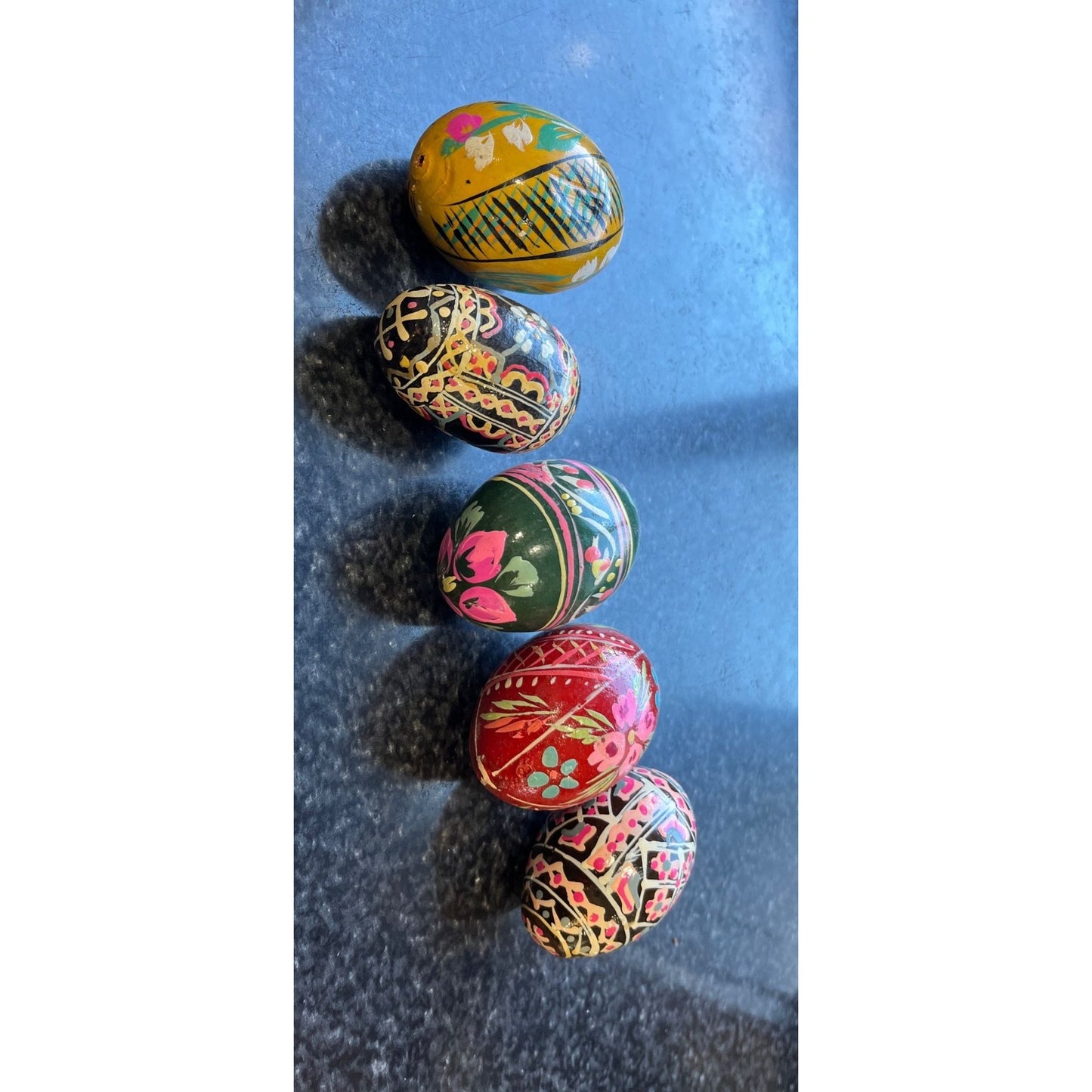 Vtg 1960's Handmade Hand Painted Wooden Eggs Set 5 Easter Gift Ukrainian Traditional Pysanky