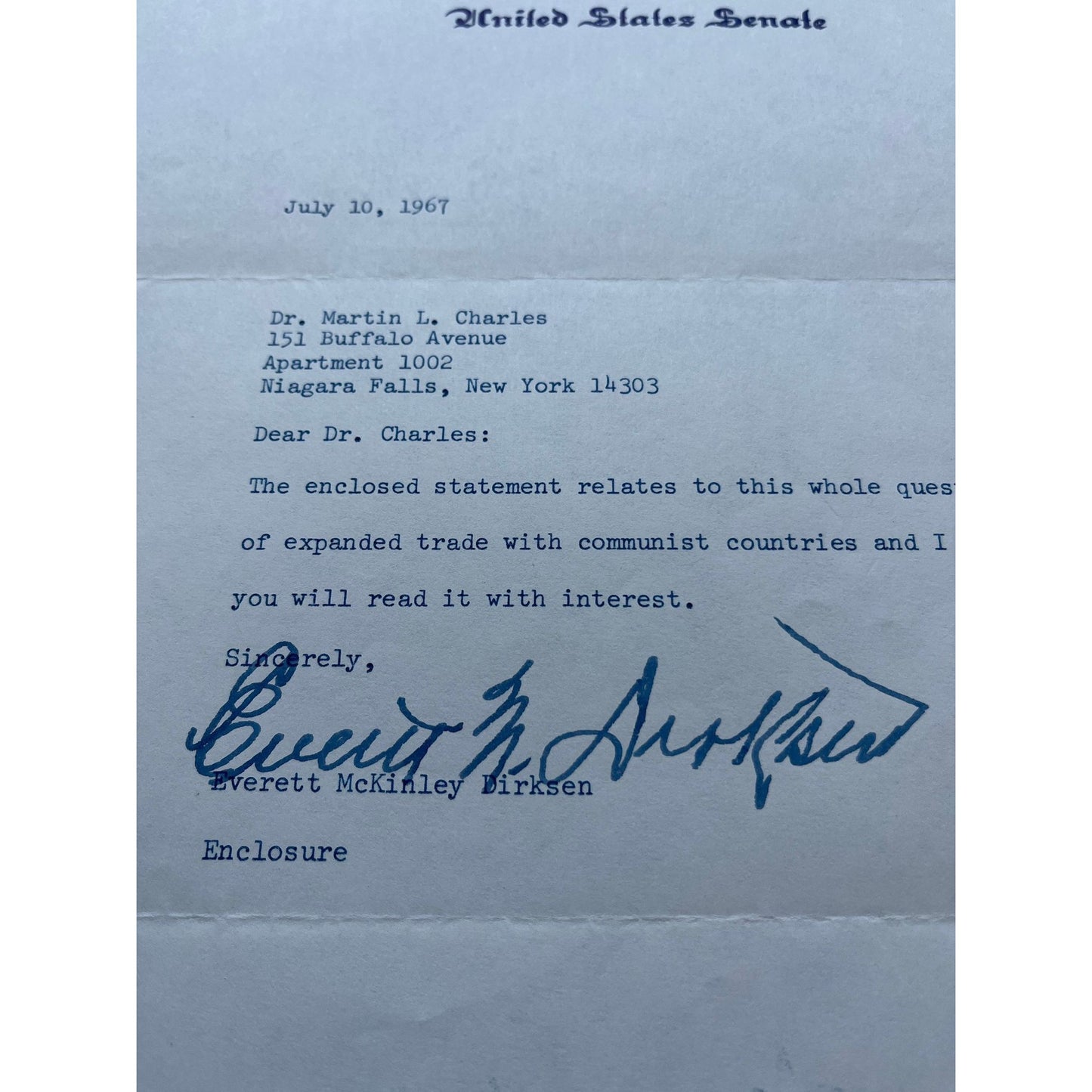 Vtg Signed Letter Everett McKinley Dirksen United States Senate Minority Leader July 10, 1967 To My Father