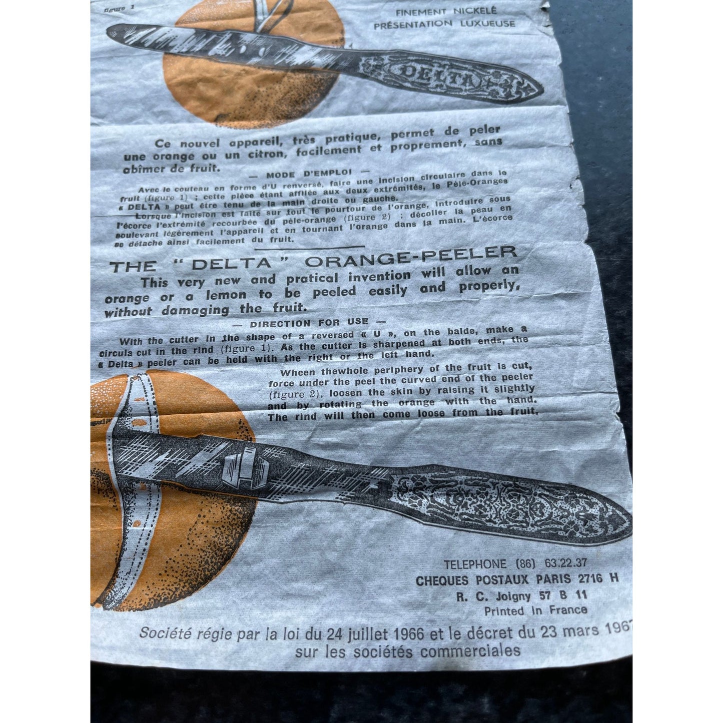 Vtg 1966 Copy Of Original Paper Work The "DELTA" Orange Peeler Made In France Leresche Saint-Julien-du-Sault