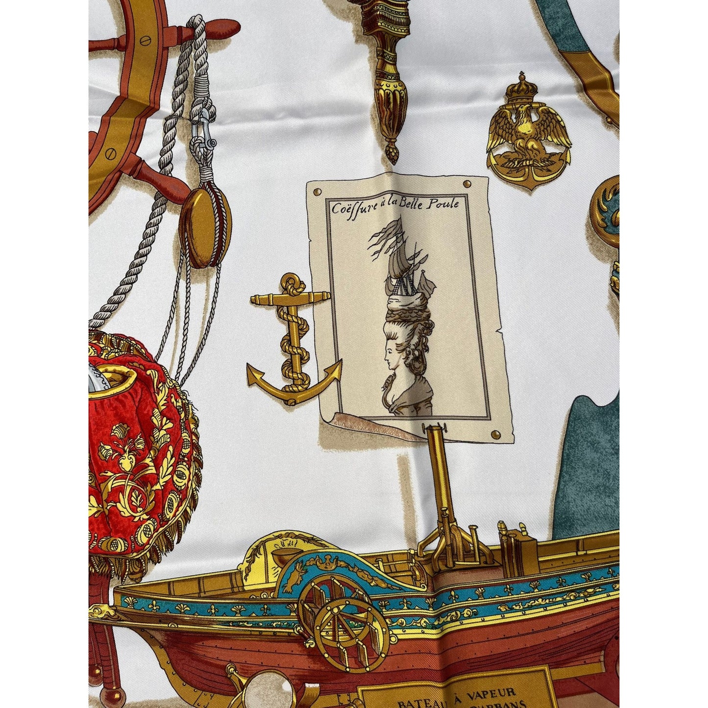 Vintage 1986 Hermes Paris Scarf, Musee Bateau a Vapeur de JOUFFROY D'ABBANS 1764, Signed LEDOUX