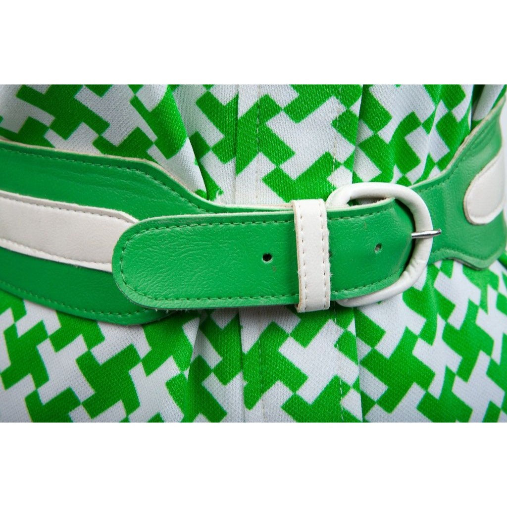 Vtg Maxi Dress Women’s Saks Fifth Avenue Green & White Abstract Pattern 2 Tone Leather Belt Size 14