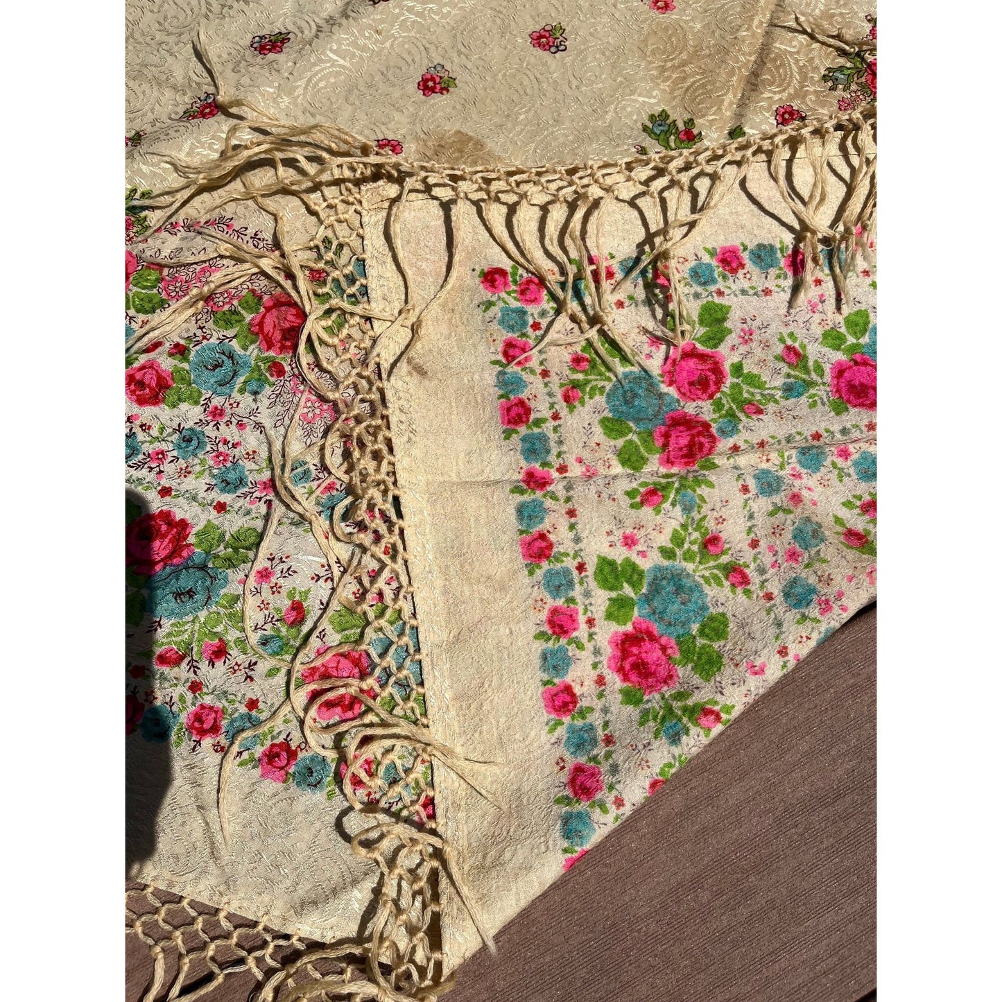 Antique 1909 Romanian Textile Art Wool Floral Shawl Hand Tied Fringe Floral Pattern Ivory Pinks Blues 128" x 43"