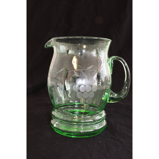 Vtg Mid Century Modern Green Glass Faceted Pitcher Grape Pattern Etched In Glass 8"