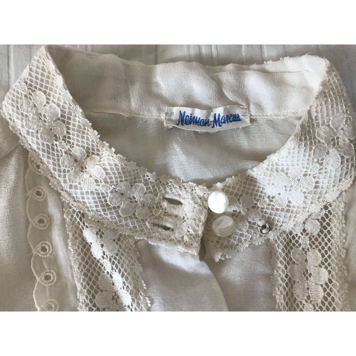 Vintage 1970's Neiman Marcus White Eyelet Floral Lace Blouse Pearl Buttons Long Sleeve High Neck Collar Small