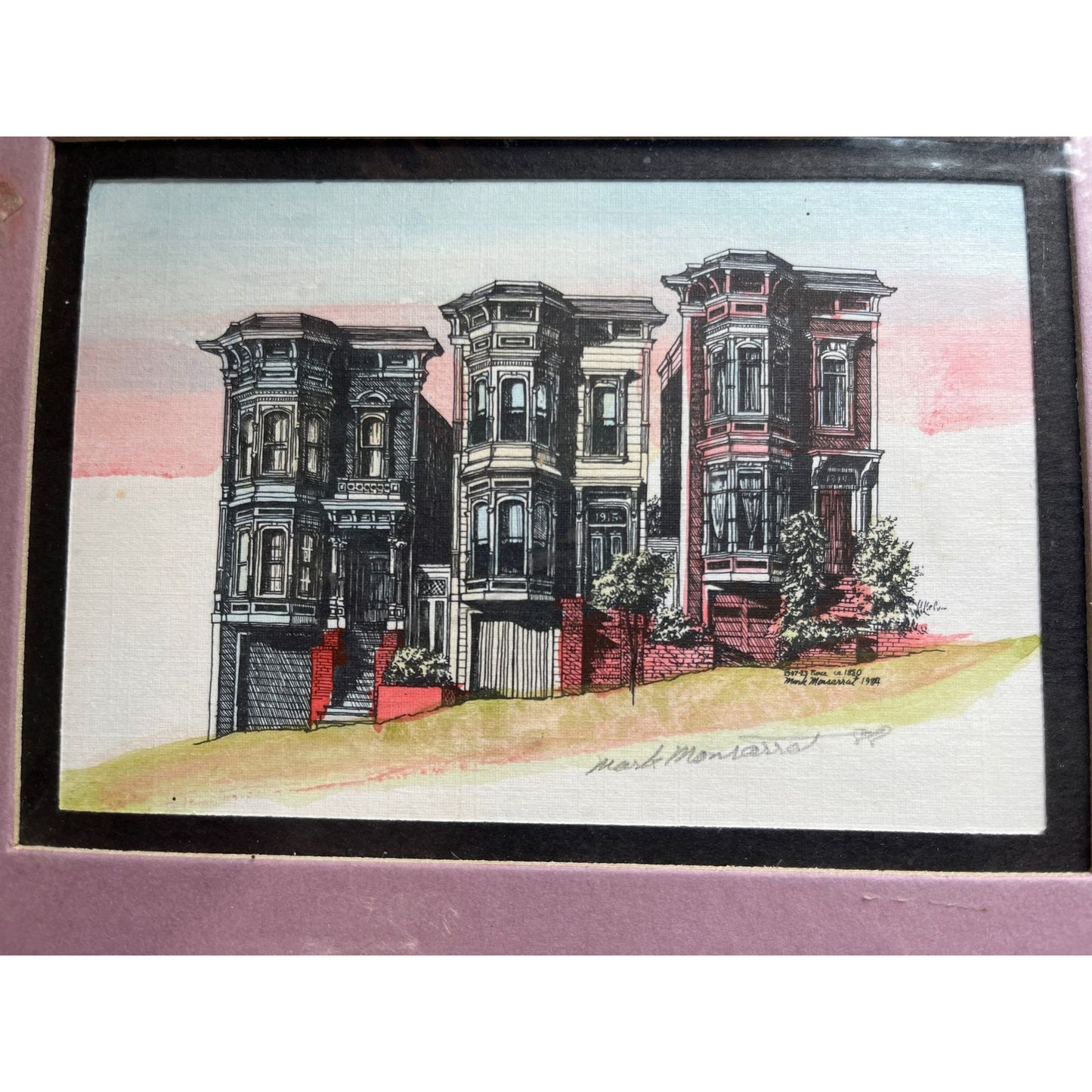 Vtg Mark Monsarrat San Francisco Houses Framed Signed Colored Lithograph Art Print 1988