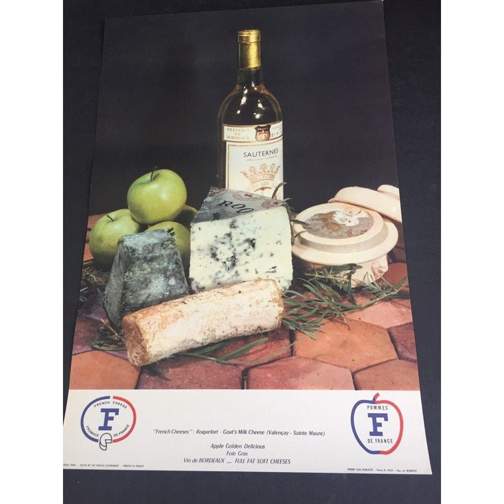 Vintage 1970’s Wine & Cheese Poster Art Pomme De France Sauternes Wine Roquefort