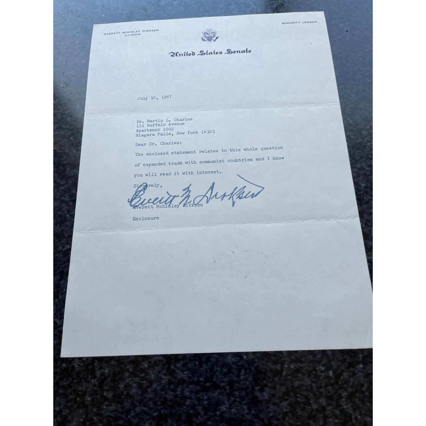 Vtg Signed Letter Everett McKinley Dirksen United States Senate Minority Leader July 10, 1967 To My Father