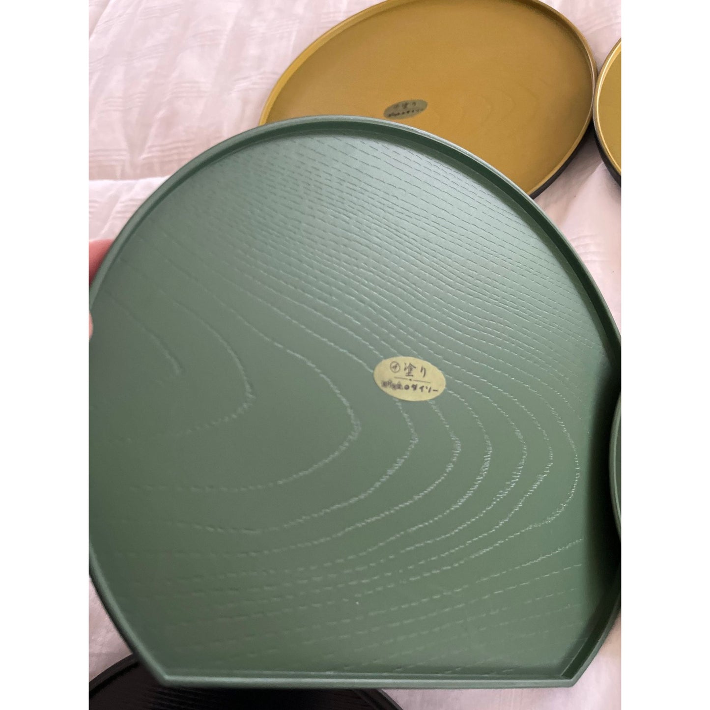 Vtg Japanese 1990's Gold Daiso Set Of 6 Half Moon Urethane Trays 20.5 cm Mustard Green Rust New With Tags Made In Japan