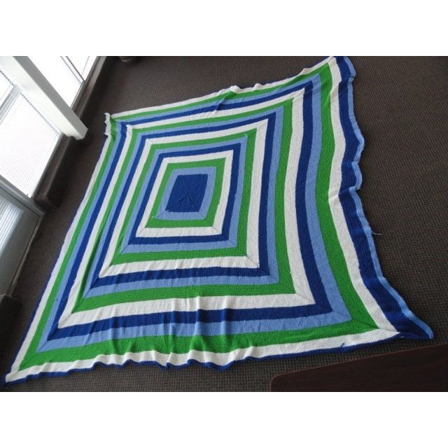 Vtg Very Large Handmade Crocheted Bedspread Afghan Blues Green White Square Pattern 116" x 102"