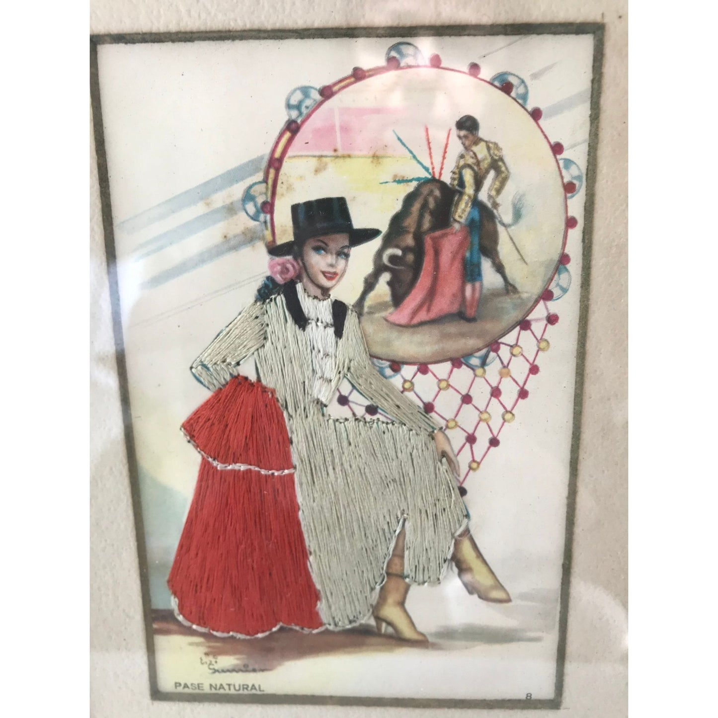 Vtg Spanish Elsi Gumier Silk Embroidered Postcard "Pase Natural" 1950s Gold Wood Frame Glass Matodor  Tamborine