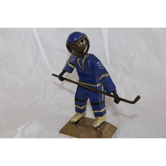 Vintage Metal Sculpture Hockey Player Number 8 Signed By Artist Handmade Hockey Stick