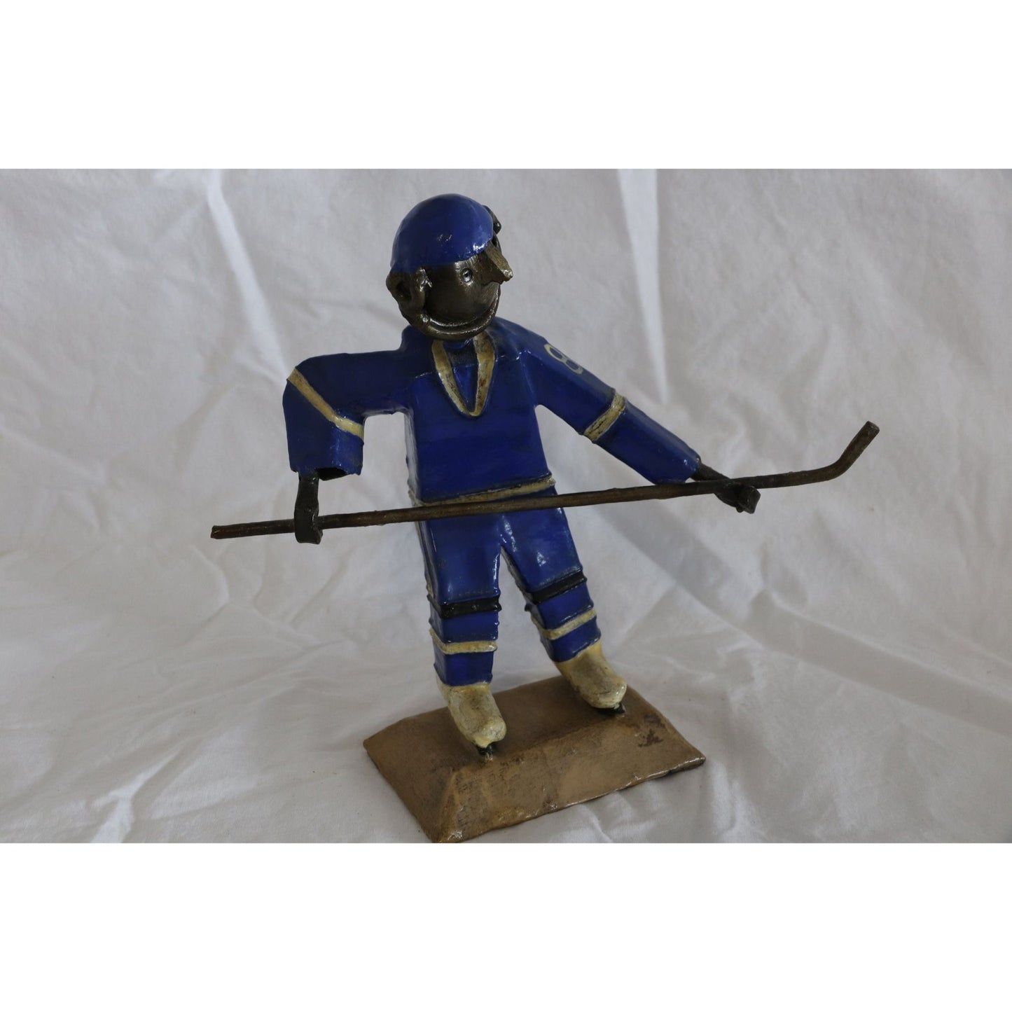 Vintage Metal Sculpture Hockey Player Number 8 Signed By Artist Handmade Hockey Stick