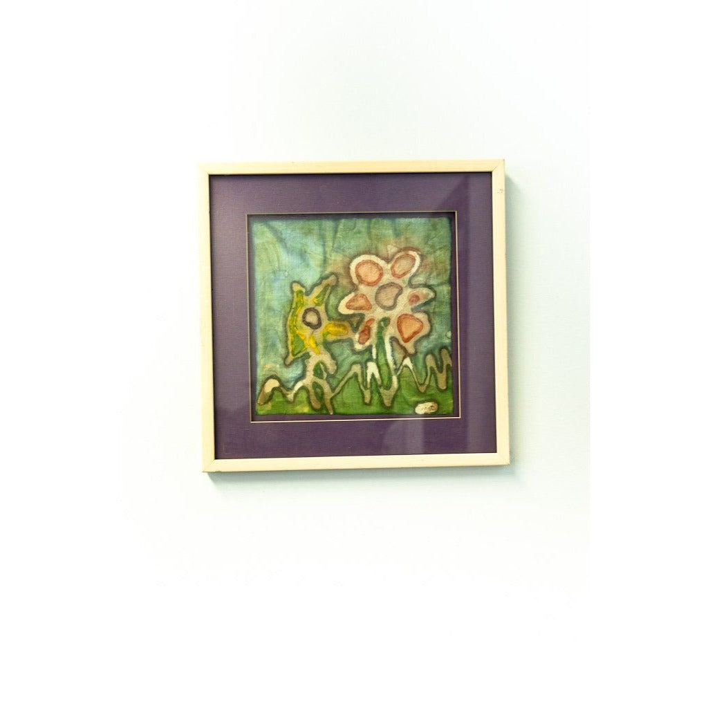 Vintage Tie-Dyed Fabric Art Abstract 2 Flowers and Grass Scene Purple Matting Artist Signed "Grant" Framed