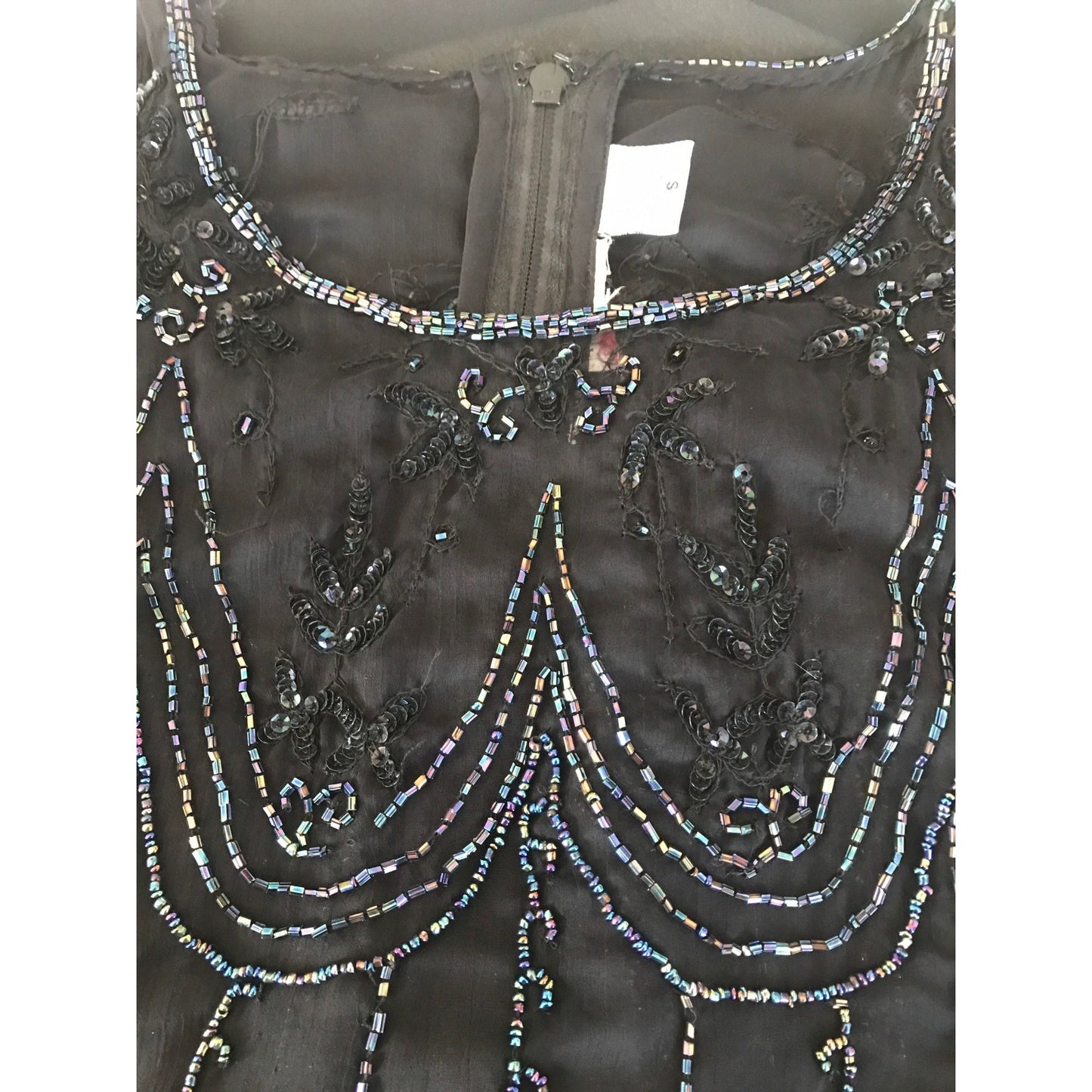 Vtg Women's Fully Hand Beaded Blouse Black Purple Essence Beads With Black Chemise 100% Silk  Zip Back Small